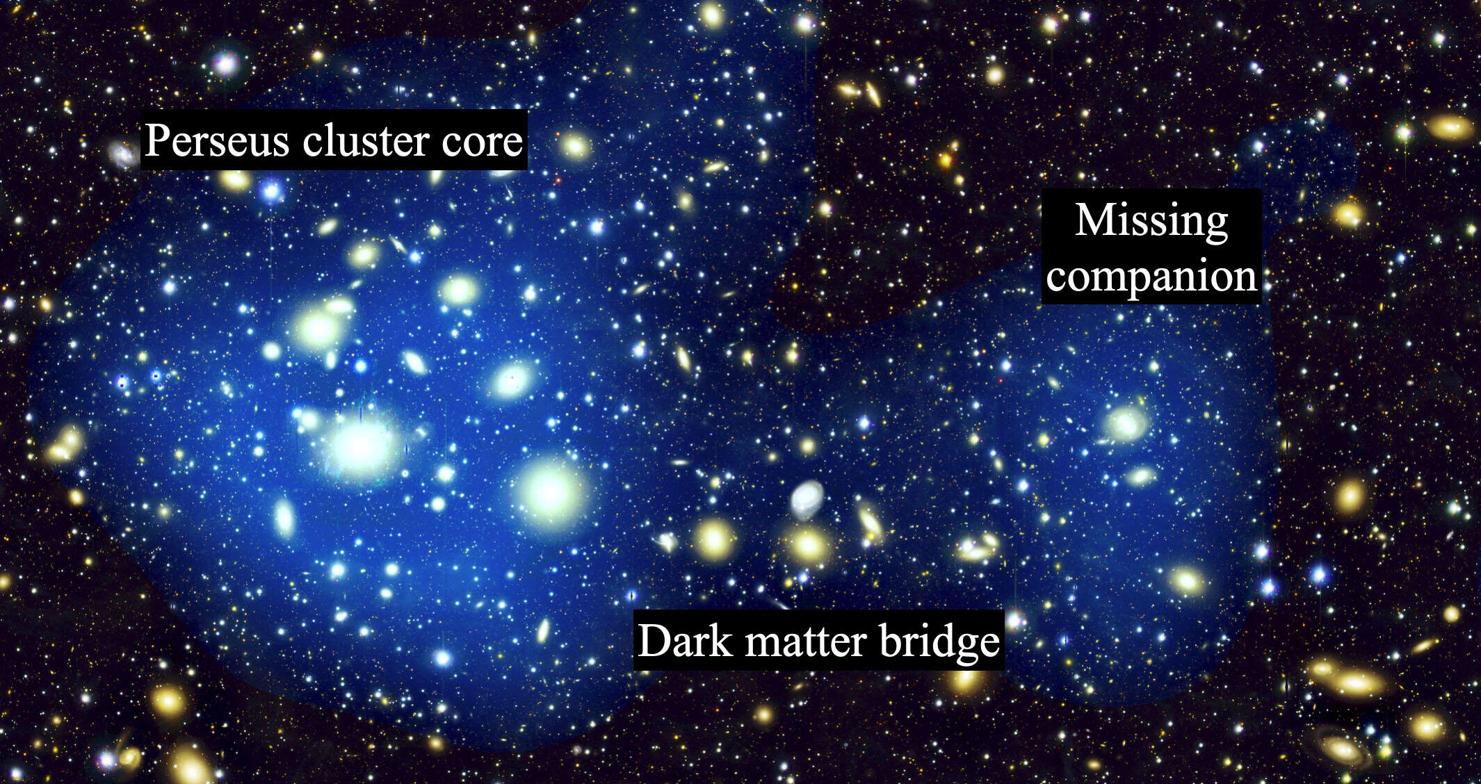 Gökbilimciler Perseus kümesindeki eksik birleşme arkadaşı ve karanlık madde köprüsünü ortaya çıkarır