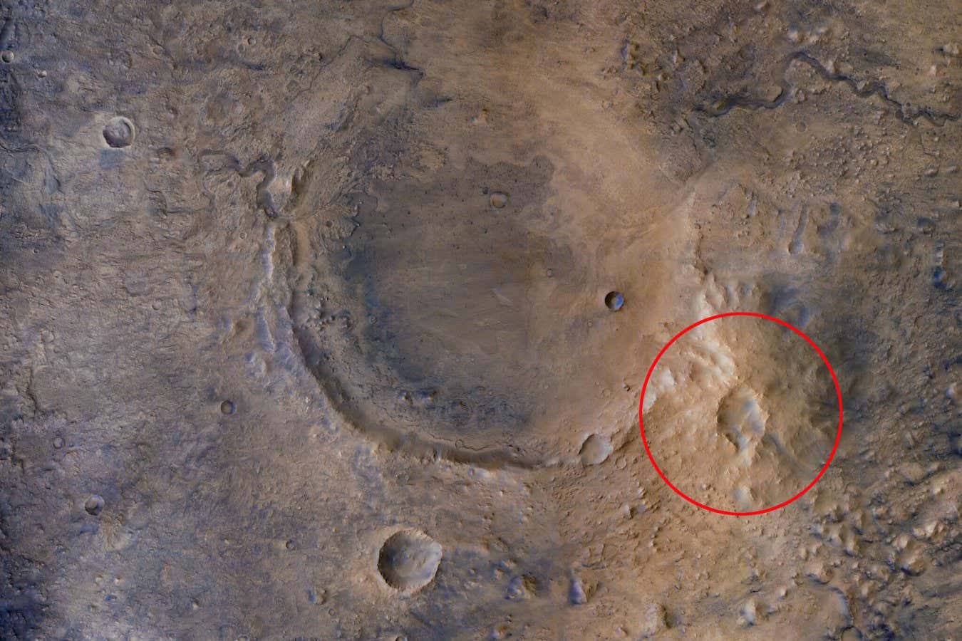 The suspected volcano (circled) is close to the Jezero Crater (left of the image)