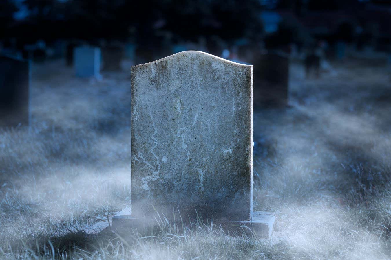 Creepy blank gravestone in graveyard at night with low spooky fog; Shutterstock ID 1890736525; purchase_order: -; job: -; client: -; other: -