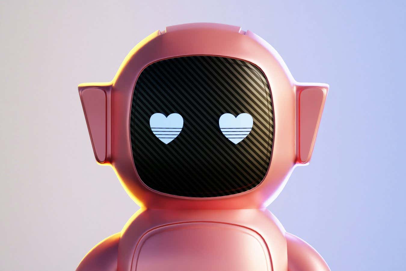A pink robot with heart eyes