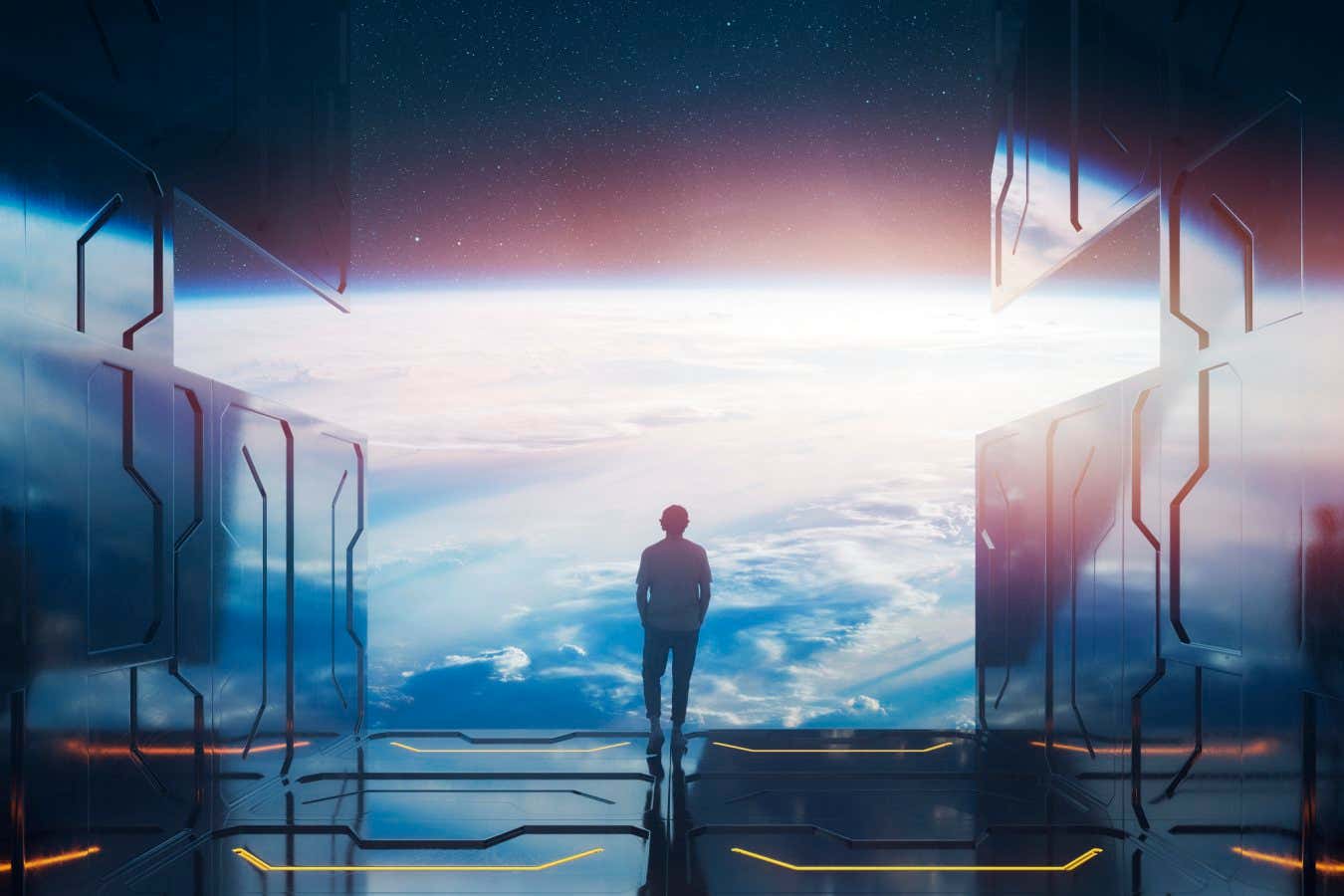 Casual man standing on space platform watching planet Earth. 3D generated image. Earth texture is from Nasa (https://www.nasa.gov/image-feature/sunrise-shadows-over-the-philippine-sea).