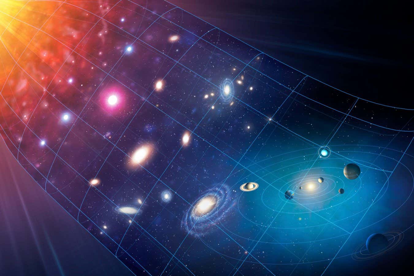 2H2KWEA Big Bang to Present. Stages in the history of the Universe after the Big Bang. At 300, 000 years, matter and radiation decouple, and the Universe becomes transparent for the first time. The first galaxies form at around 300 million years after the Big Bang, but the exact time period is uncertain. At an age of 9 billion years the Solar System formed. Finally, 13.7 billion years after the Big Bang we arrive at the present day. The Universe is still expanding and evolving.