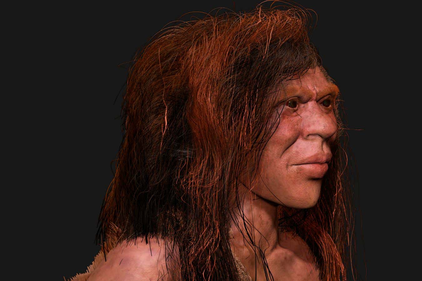 Illustration of a teenage girl who is the offspring of a Neanderthal (Homo neanderthalensis) mother and Denisovan (Homo sapiens denisova) father. A bone fragment with this hybrid ancestry was found in the Denisova Cave in Russia. The bone belonged to a female who was at least 13 years old and died around 90,000 years ago. It was known from genetic analysis of other fossils that the two species had interbred, but this is the first first-generation offspring of such a pairing to be found.