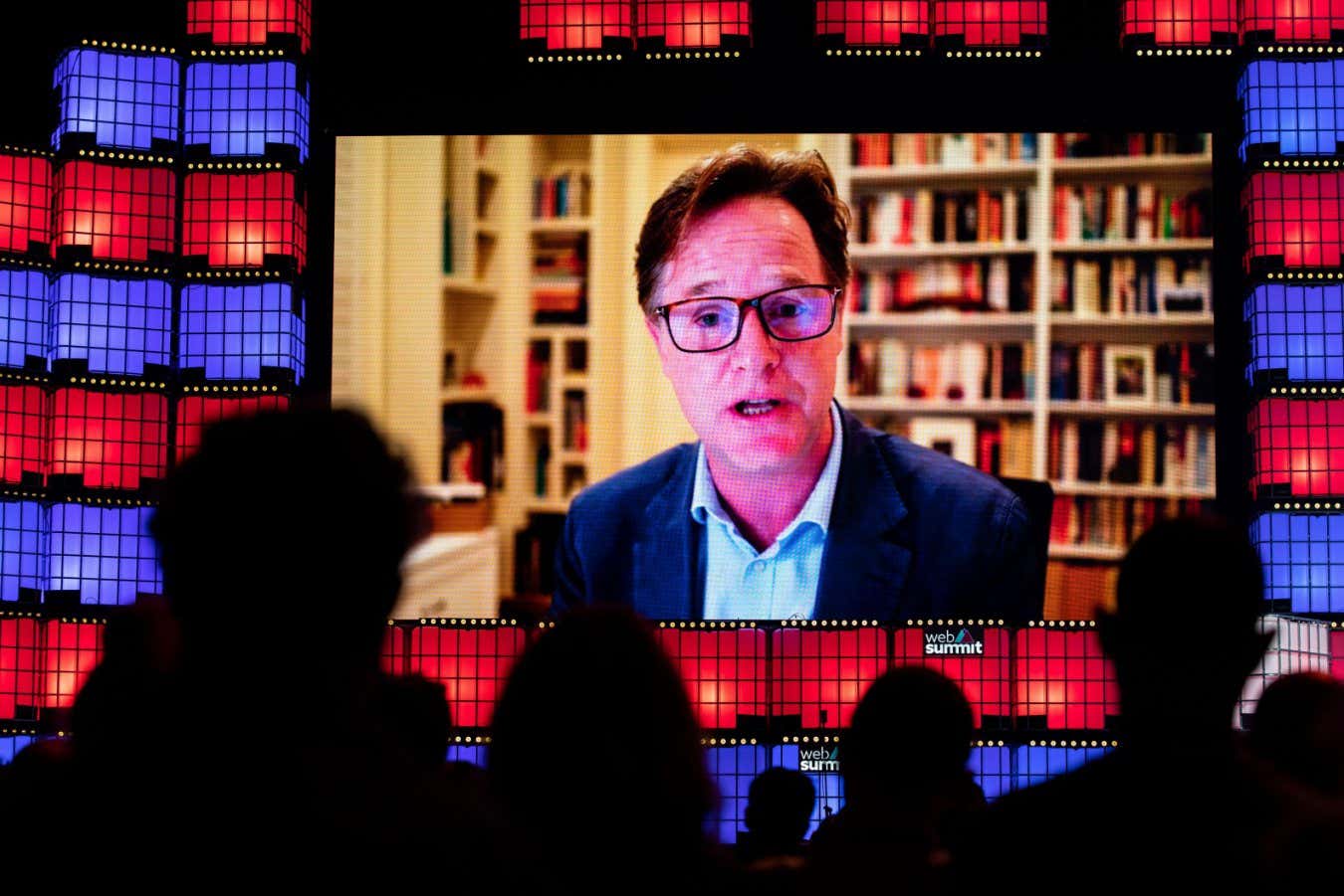 2H4G74E Lisbon, Portugal. 2nd Nov, 2021. Vice President of Global Affairs and Communications of Meta (Facebook), Nick Clegg addresses the audience (via web transmission) at Altice Arena Centre Stage during the second day of the Web Summit 2021 in Lisbon.This is one of the largest technology conferences in the world and also a meeting point for the debate on technological evolution in people