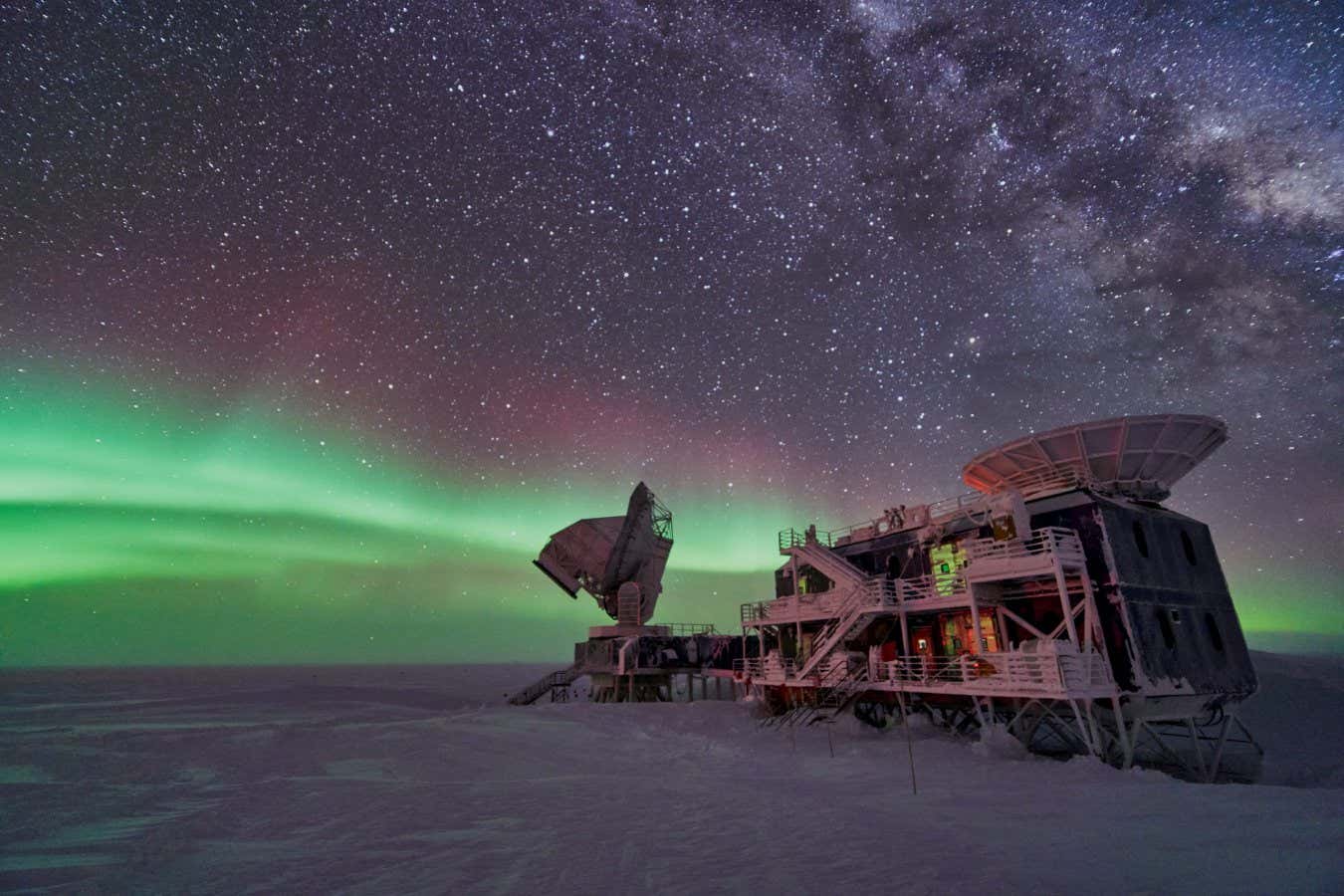 CMB-S4 will use telescopes installed at the South Pole to measure variations in the temperature and polarization of microwave light across most of the sky to probe for ripples in space-time. Shown here is the South Pole Telescope. Photo: Brad Benson, University of Chicago, Fermilab