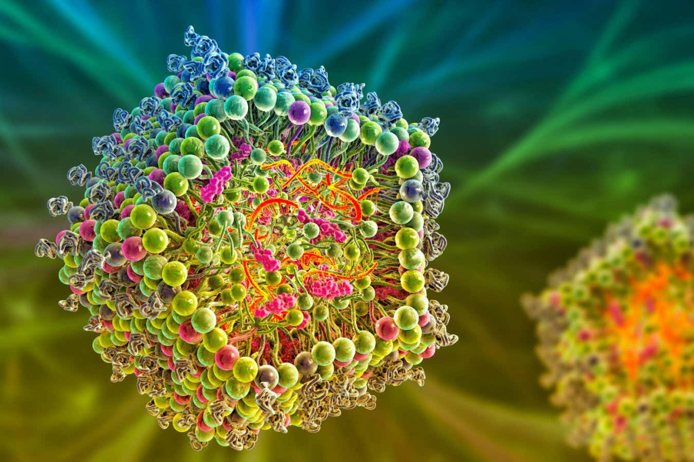 A computer illustration of a cross-section of a lipid nanoparticle carrying the mRNA of a virus (orange strands)