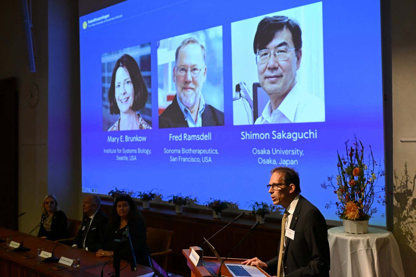Mary Brunkow, Fred Ramsdell and Shimon Sakaguchi are announced as the winners of the 2025 Nobel prize in physiology or medicine by committee secretary general Thomas Perlmann