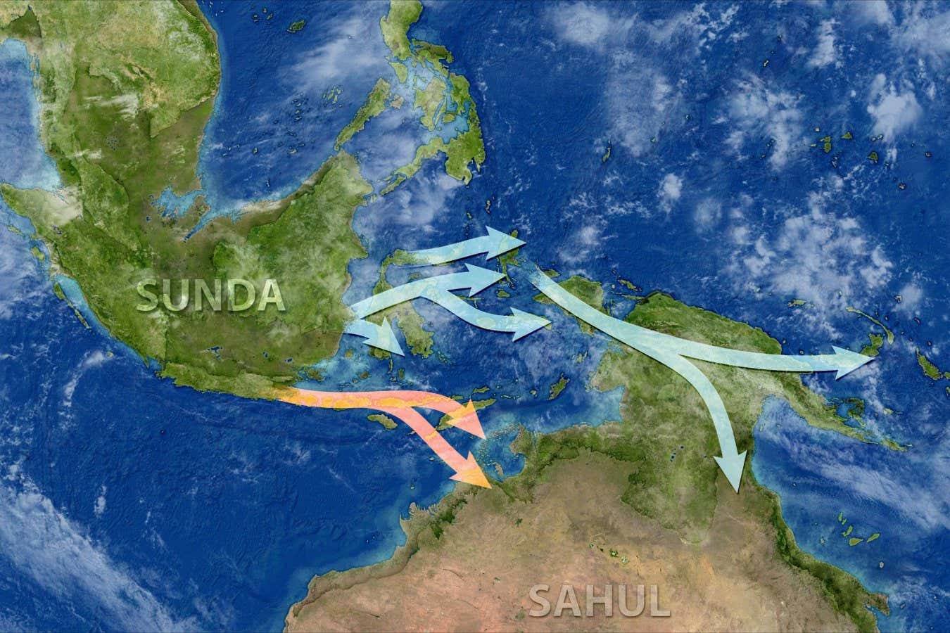 A map showing northern and southern routes that ancient humans probably took to reach what is now Australia